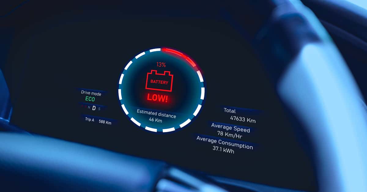 Low-battery-warning-light-on-instrument-panel-of-EV-electric-vehicle