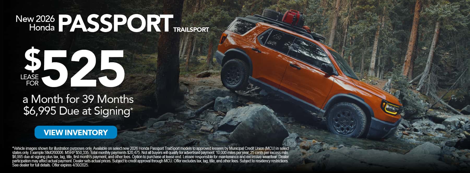 New 2026 Honda Passport TrailSport "Lease for $525 a month for 39 months* $6,995 Due at Signing"