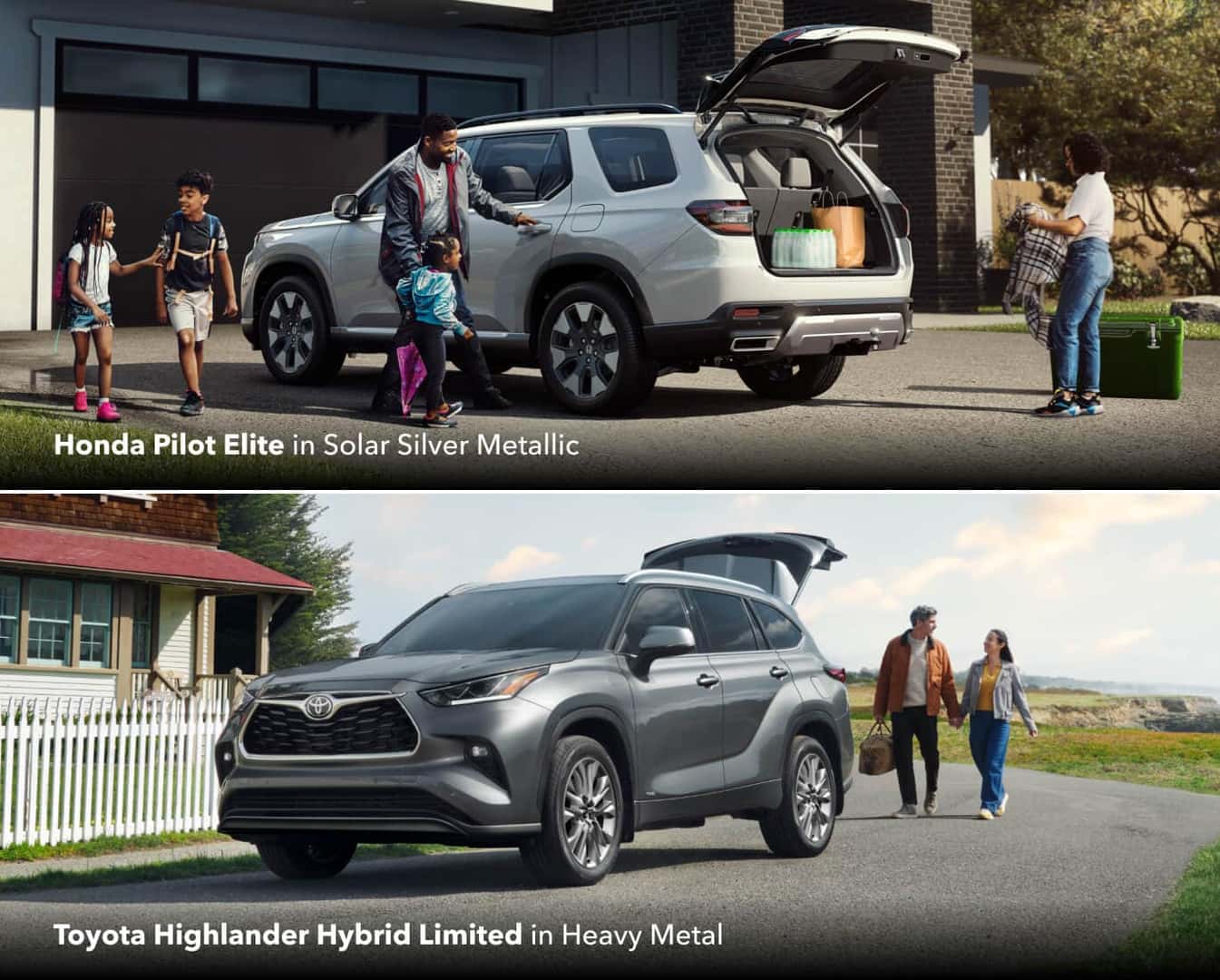 Honda Pilot Elite in Solar Silver Metallic and Toyota Highlander Hybrid Limited in Heavy Metal shown.