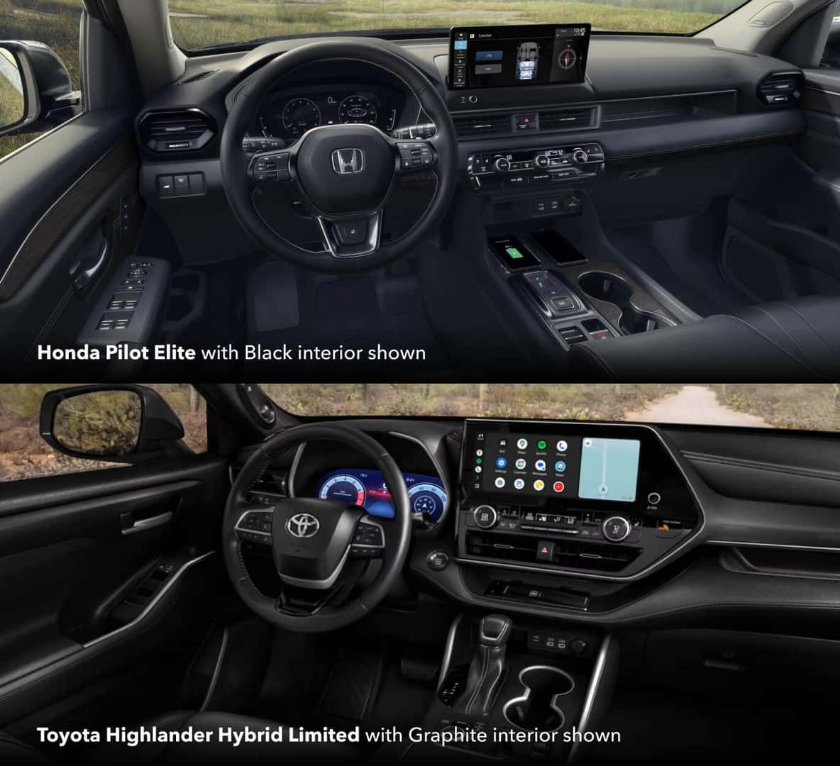 Honda Pilot Elite with Black interior shown, and Toyota Highlander Hybrid Limited with Graphite interior shown.