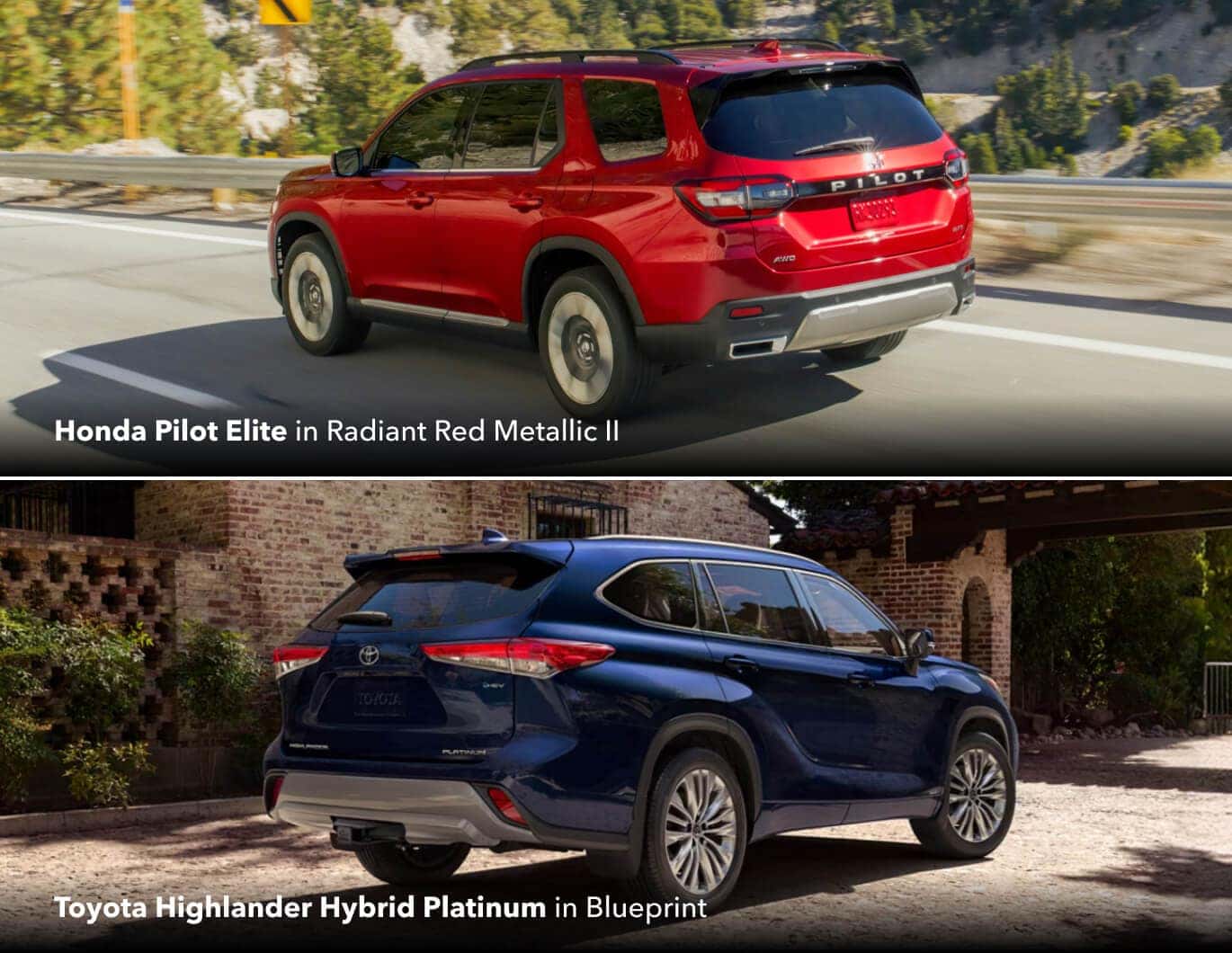 Honda Pilot Elite in Radiant Red Metallic II and Toyota Highlander Hybrid Platinum in Blueprint shown.