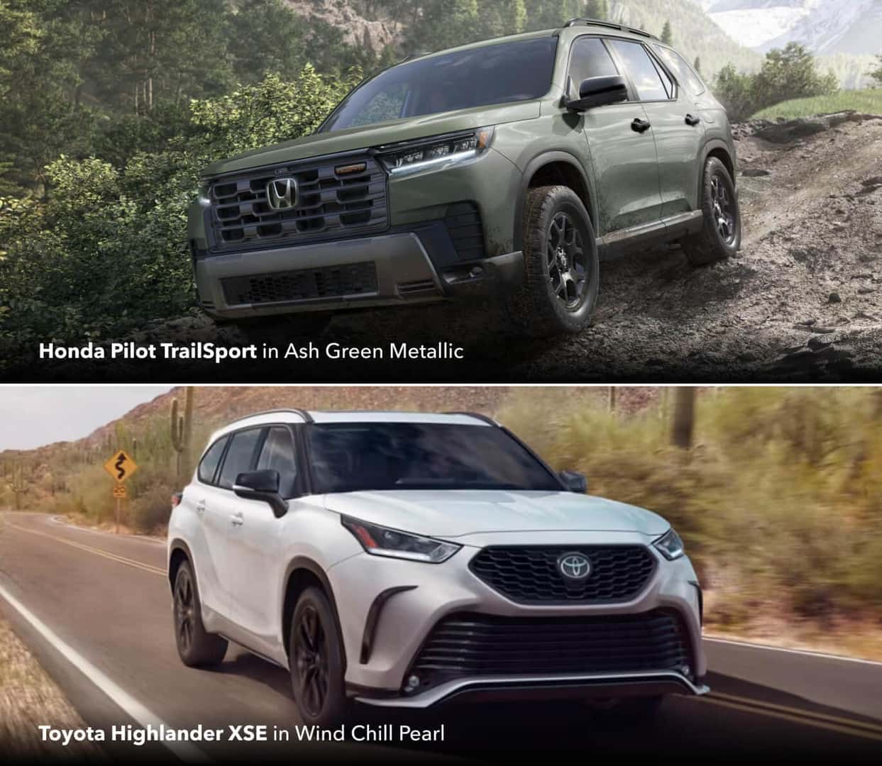 Honda Pilot TrailSport in Ash Green Metallic and Toyota Highlander XSE in Wind Chill Pearl shown.