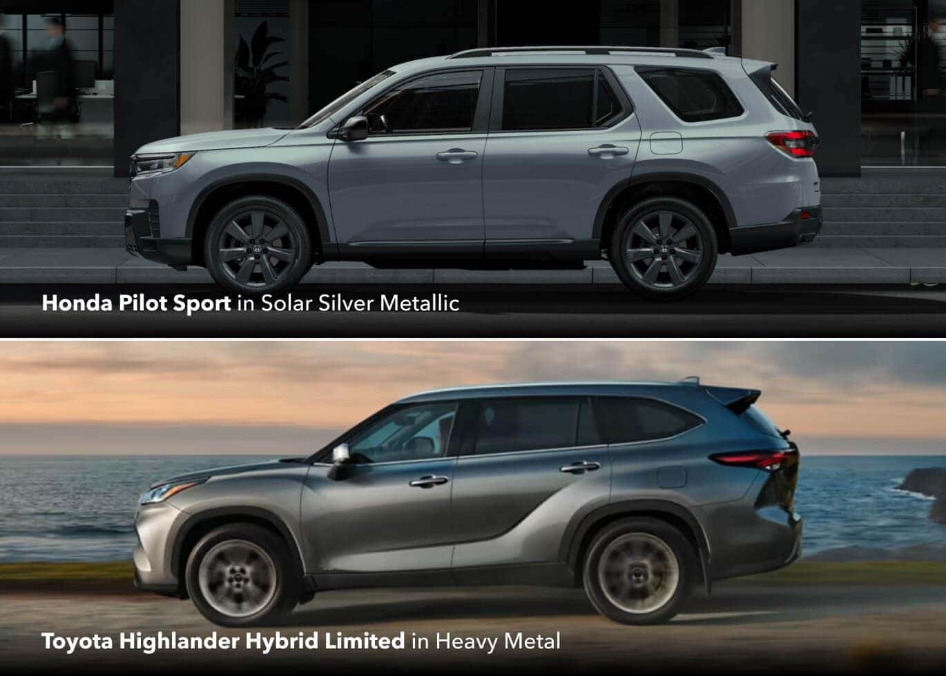 Honda Pilot Sport in Solar Silver Metaliic and Toyota Highlander Hybrid Limited in Heavy Metal shown.