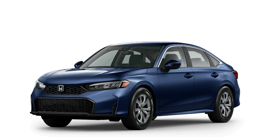 Front three-quarter view of a blue Honda Civic LX on a white background.