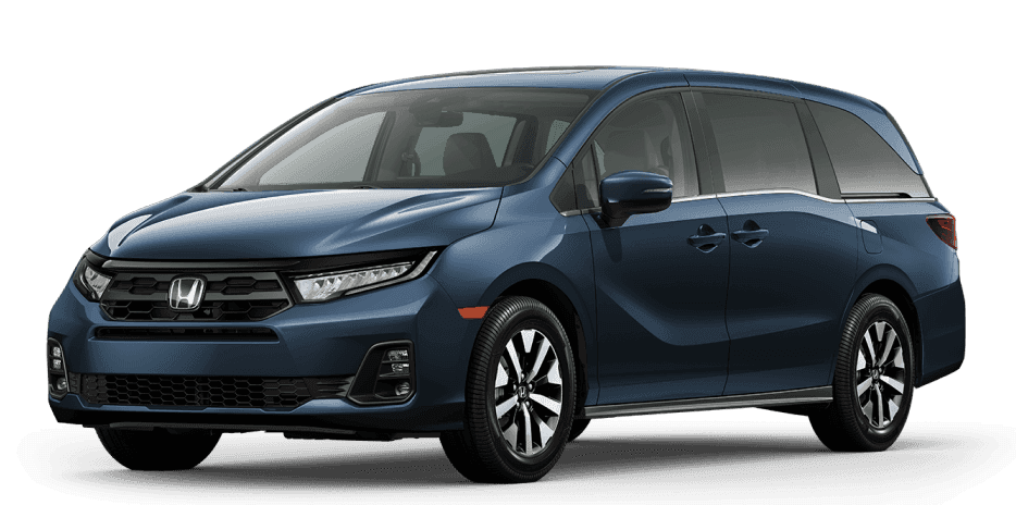 Front three-quarter view of a blue Honda Odyssey EX-L on a white background.