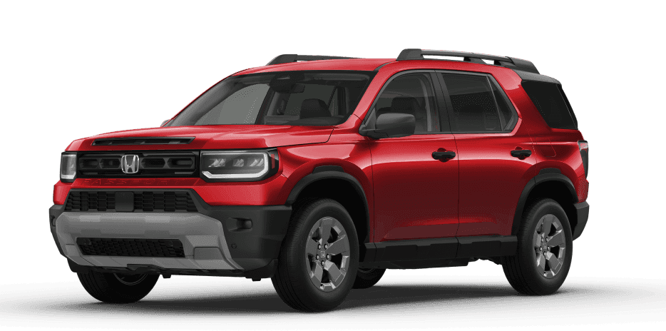 Front three-quarter view of a red Honda Passport RTL on a white background.