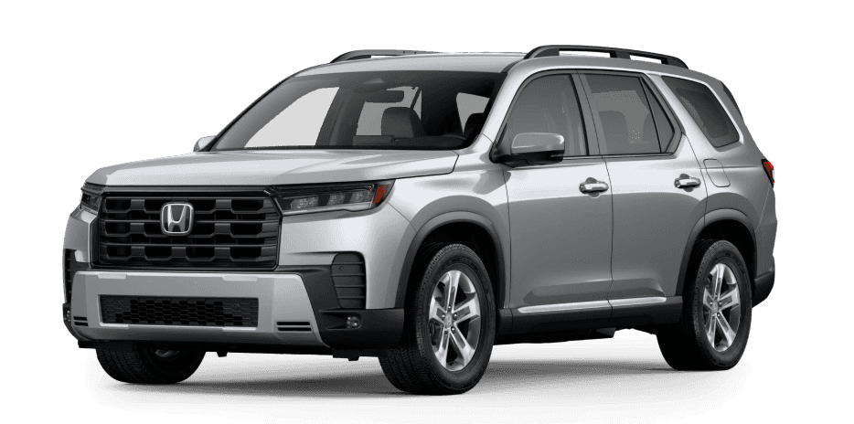 Front three-quarter view of a silver Honda Pilot EX-L on a white background.