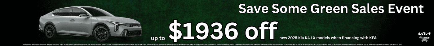 Bulldog Kia K4 for $1936 off MSRP Save Some Green Sales Event Bulldog Kia with a gray 2025 Kia K4