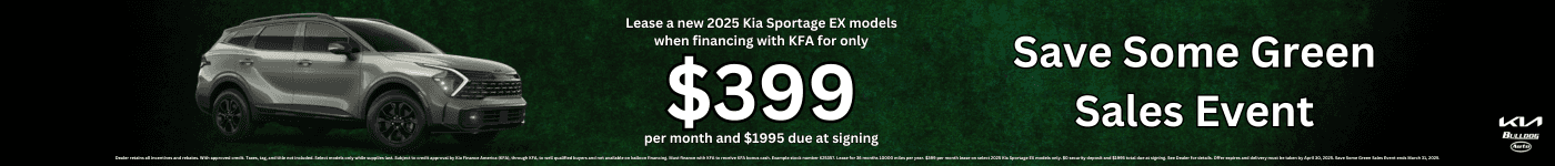 Bulldog Kia Sportage lease for $399 per month Save Some Green Sales Event Bulldog Kia with a green 2025 Kia Sportage