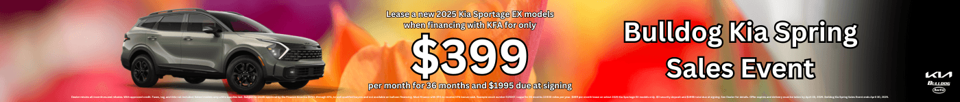 2025 Kia Sportage For Sale at Bulldog Kia during the Bulldog Kia Spring Sales Event. $399 monthly lease for 36 months 2025 Kia Sportage. Spring Flower Background.
