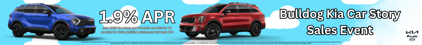 Bulldog Kia Car Story Sales Event 2025 Kia Sorento and 2025 Kia Sportage with 1.9% APR when financing with Kia Finance America. Toy Story cloud background with blue 2025 Kia Sportage and red 2025 Kia Sorento