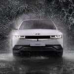 Grayscale Photo of a Hyundai Ioniq 5 in the Rain