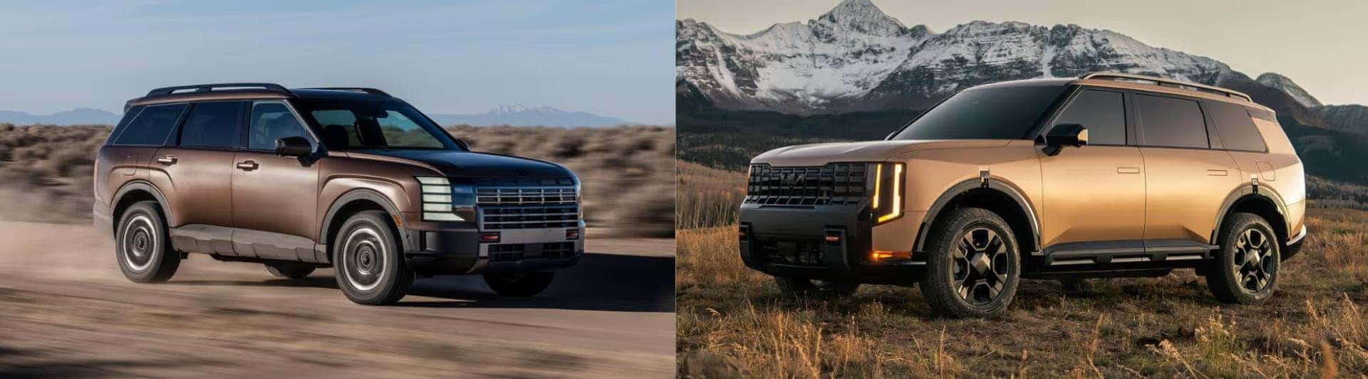 side by side image with a 2026 hyundai palisade on left and 2027 kia tellruide on the right