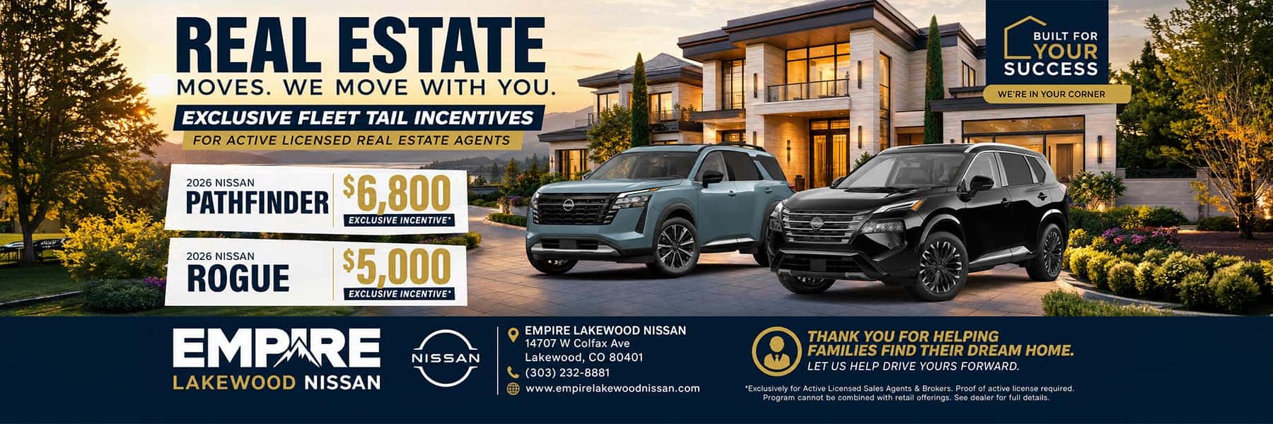 Empire Lakewood Nissan Exclusive Fleet Tail Incentives for Real Estate Agents – 2026 Nissan Pathfinder $6,800 Exclusive Incentive and 2026 Nissan Rogue $5,000 Exclusive Incentive for Active Licensed Real Estate Agents in Denver Metro Area, Colorado