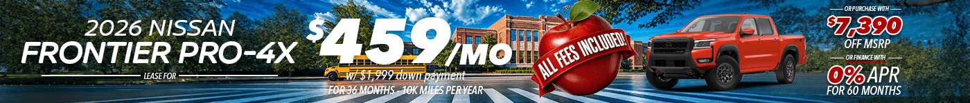 2026 Nissan Frontier Pro-4X lease and purchase offer from Empire Lakewood Nissan in Lakewood, Colorado. Lease for $459 per month with $1,999 down payment for 36 months, 10,000 miles per year, all fees included. Or purchase with $7,390 off MSRP, or finance with 0% APR for 60 months. Lease selling price $43,655 (MSRP $45,545); $459.40 due at signing; $0.25 per mile over 10k/yr; 0% APR for 60 months OAC through NMAC. Offer ends August 31, 2026. Empire Lakewood Nissan, 14707 W. Colfax Ave, Lakewood, CO 80401, (303) 232-8881, EmpireLakewoodNissan.com.