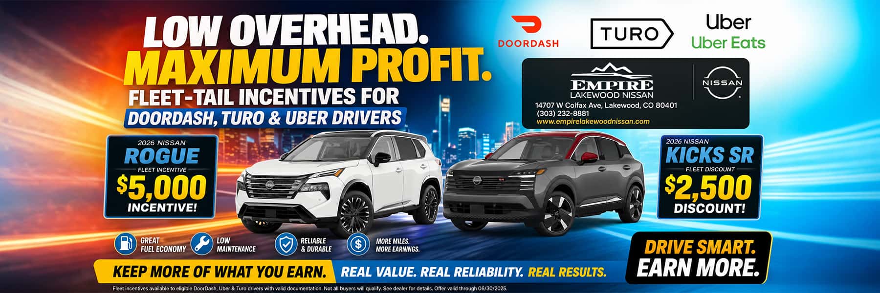 Empire Lakewood Nissan Fleet-Tail Incentives for DoorDash, Turo & Uber Drivers – 2026 Nissan Rogue $5,000 Fleet Incentive and 2026 Nissan Kicks SR $2,500 Fleet Discount – Low Overhead, Maximum Profit – Lakewood, CO Denver Metro Area