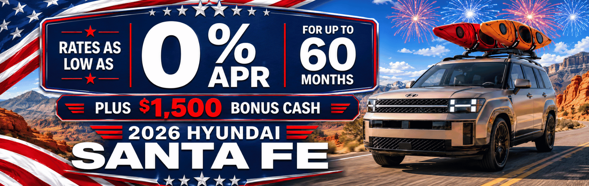 2026 Hyundai Santa Fe July 4th offer — 0% APR for 60 months plus $1,500 bonus cash at Findlay Hyundai St. George