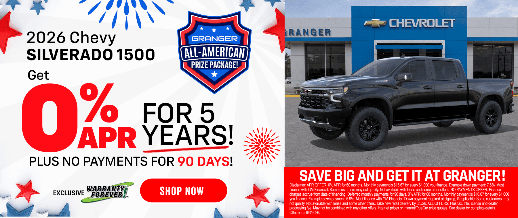 Granger Chevrolet - 4th of July Sales Event - 2026 Chevy Silverado 1500 Zero Percent APR Offer