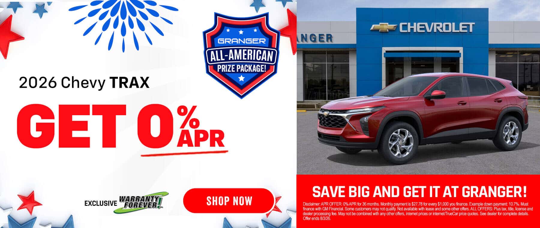 Granger Chevrolet - 4th of July Sales Event - 2026 Chevy Trax Zero Percent APR Offer