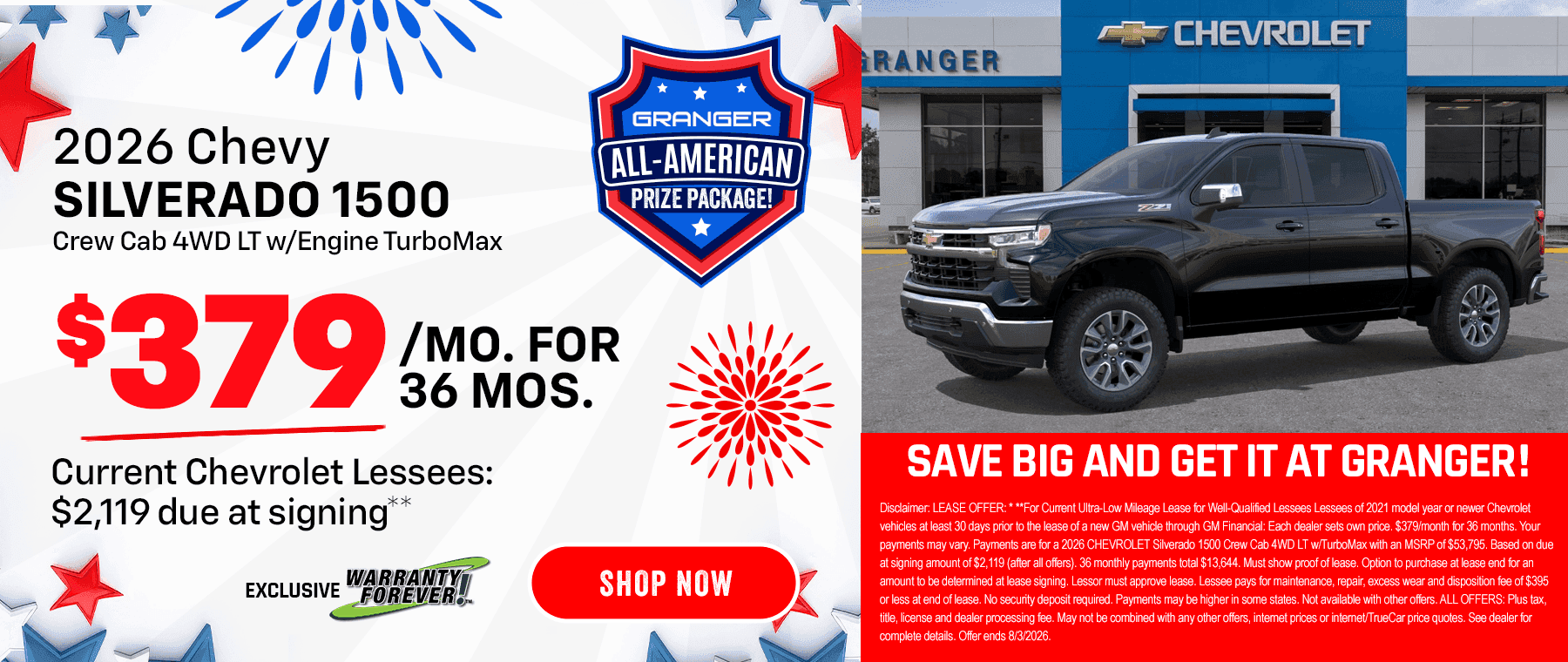 Granger Chevrolet - 4th of July Sales Event - 2026 Chevy Silverado 1500 Lease Offer