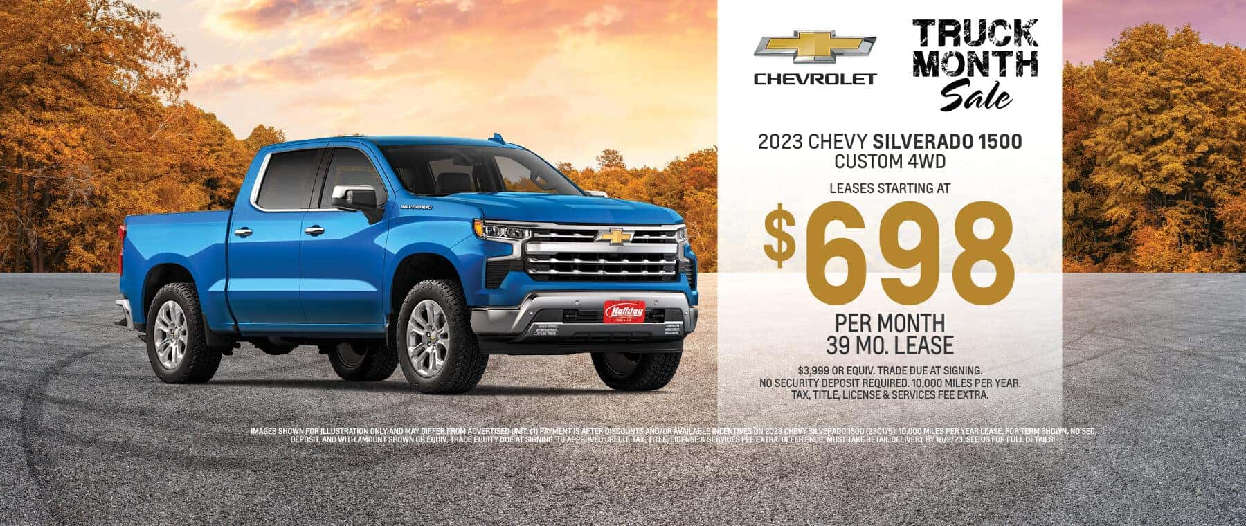 Lease a new 2023 Chevy Silverado 1500 Custom 4WD starting at $698 per month for 39 months