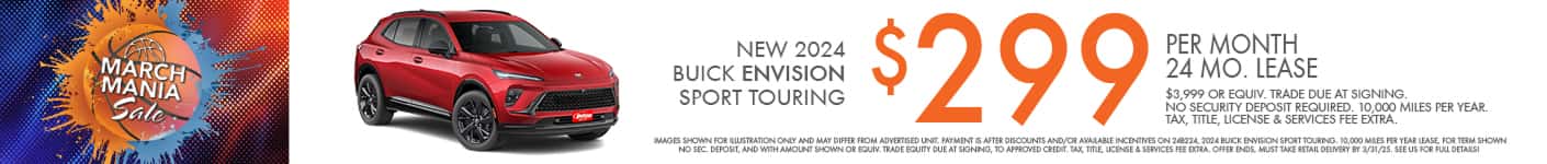 Lease a new 2024 Buick Envision Sport Touring for as low as $299 per month for 24 months with $3,999 or equivalent trade due at signing no security deposit required. 10,000 miles per year. To approved credit. Not available with some other offers. Take new retail delivery by 3/31/25.