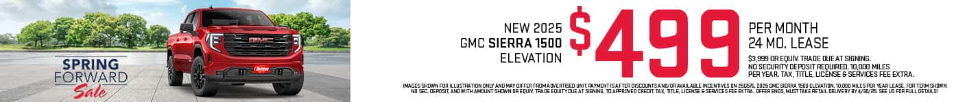 Lease a new 2025 GMC Sierra 1500 SLE starting at $499 per month for 24 months with $3,809 or Equivalent trade due at signing. No security deposit required. 10,000 Miles per year. Tax, title, license & $389 services fee due at signing. To approved credit. Not available with some other offers. Take new retail delivery by 4/30/25.