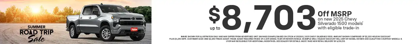 Get Spring Savings up to $8,703 off of MSRP on New 2025 Chevy Silverado 1500 models. Offer ends 6/30/25.