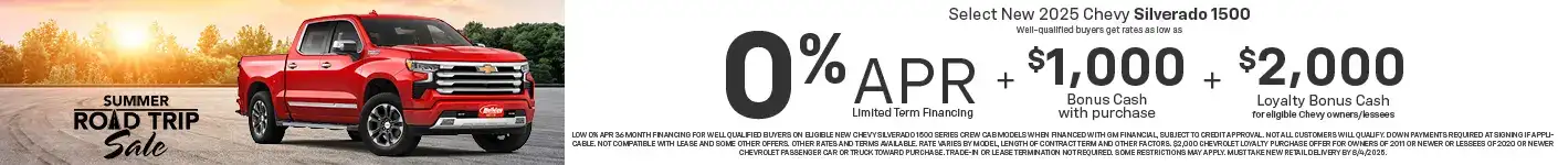 New 2025 Chevy Silverado 1500 Models get as low as 0% APR for 36 months. For well-qualified buyers when financed with GM Financial. Not all customers will qualify. Offer ends 8/4/25.