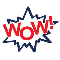 The icon for we believe car buying should wow is, the word wow! written in red with a blue burst surrounding it.