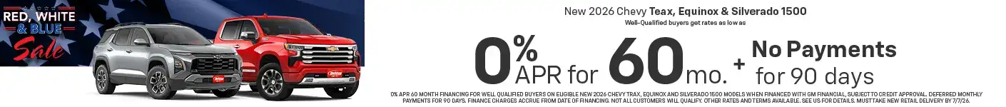 Well-qualified buyers can get rates as low as 0% APR for 60 months plus no payments for 90 days on New 2026 Chevy Favorites when financed with GM Financial. Some customers will not qualify. Take new retail delivery by 7/7/26.