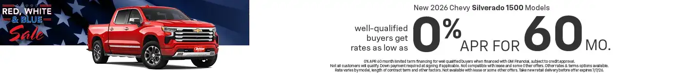 Well-qualified buyers can get rates as low as 0% APR for 60 months on New 2026 Chevy Favorites when financed with GM Financial. Some customers will not qualify. Take new retail delivery by 7/7/26.