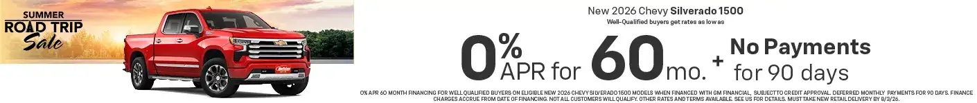 Well-qualified buyers can get rates as low as 0% APR for 60 months plus no payments for 90 days on New 2026 Chevy Favorites when financed with GM Financial. Some customers will not qualify. Take new retail delivery by 8/3/26.