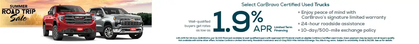 Bravotacular Sales Event Banner, 1.9% APR for well-qualified buyers on select certified used trucks when you finance with GM Financial.