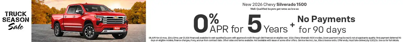 New 2026 GMC Silverado 1500 Models get rates as low as 0% APR for 5 years plus no payments for 90 Days. For well-qualified buyers when financed with GM Financial. Not all customers will qualify. Offer ends 9/30/2026.