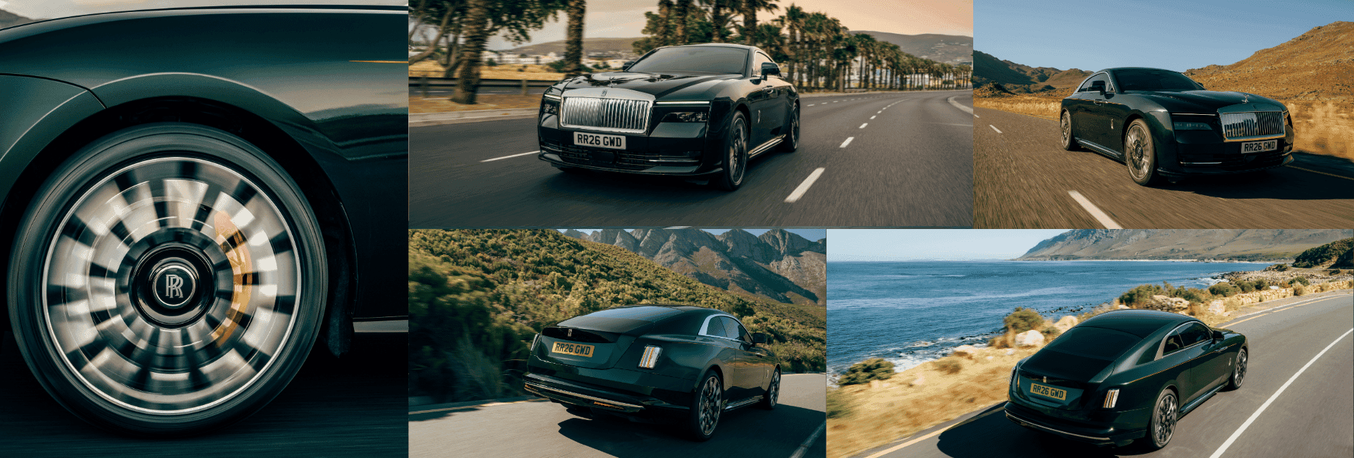 Collage of a dark green Rolls-Royce Spectre Series II driving on scenic coastal and mountain roads, with multiple exterior angles and a close-up of the spinning wheel featuring the Rolls-Royce emblem. width=