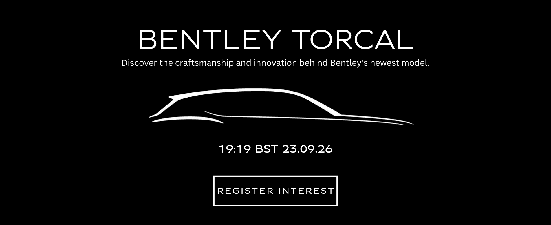 Teaser silhouette of the upcoming Bentley Torcal, featuring a sleek side profile outlined in white against a black background.