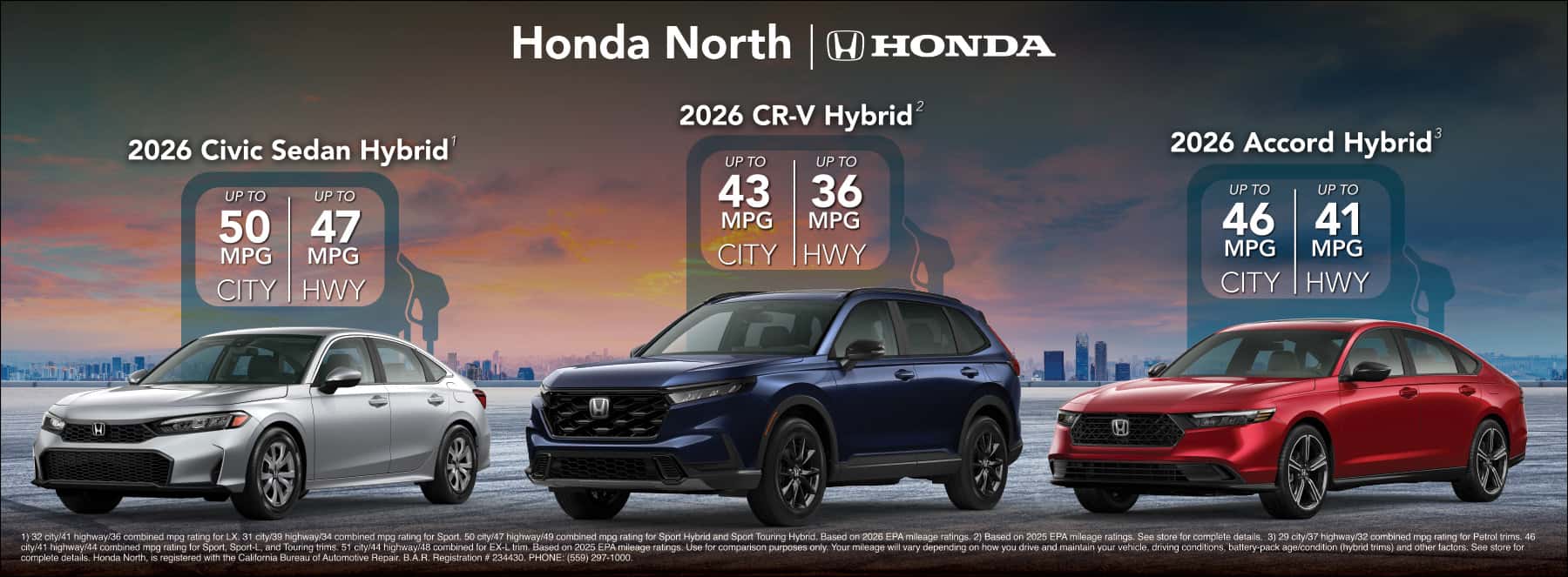 Civic CR-V Accord Hybrids in front of gas pumps
