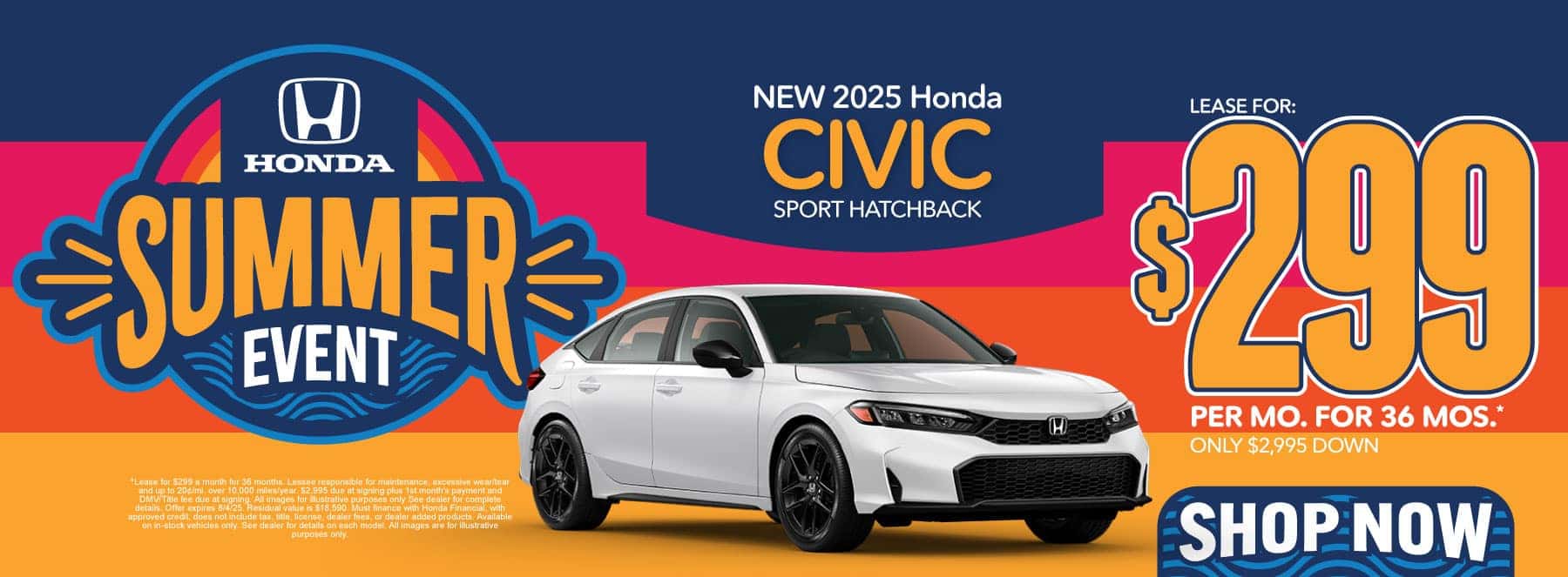 New 2025 Honda Civic Sport Hatchback Lease For: $299/mo, 36 months* ONLY $2,995 DOWN