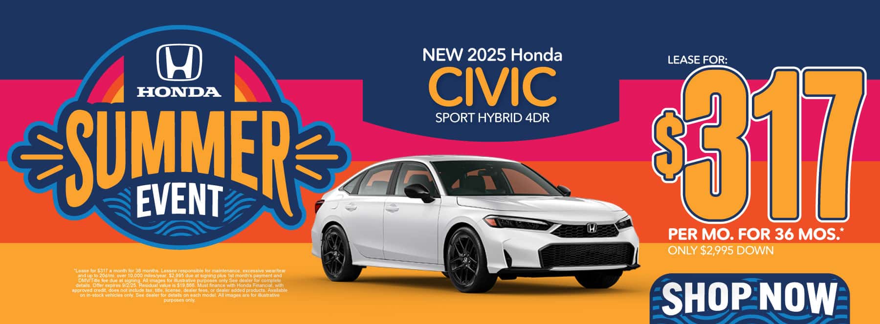 New 2025 Honda Civic Sport Hybrid 4DR Lease For: $317/mo, 36 months* ONLY $2,995 DOWN