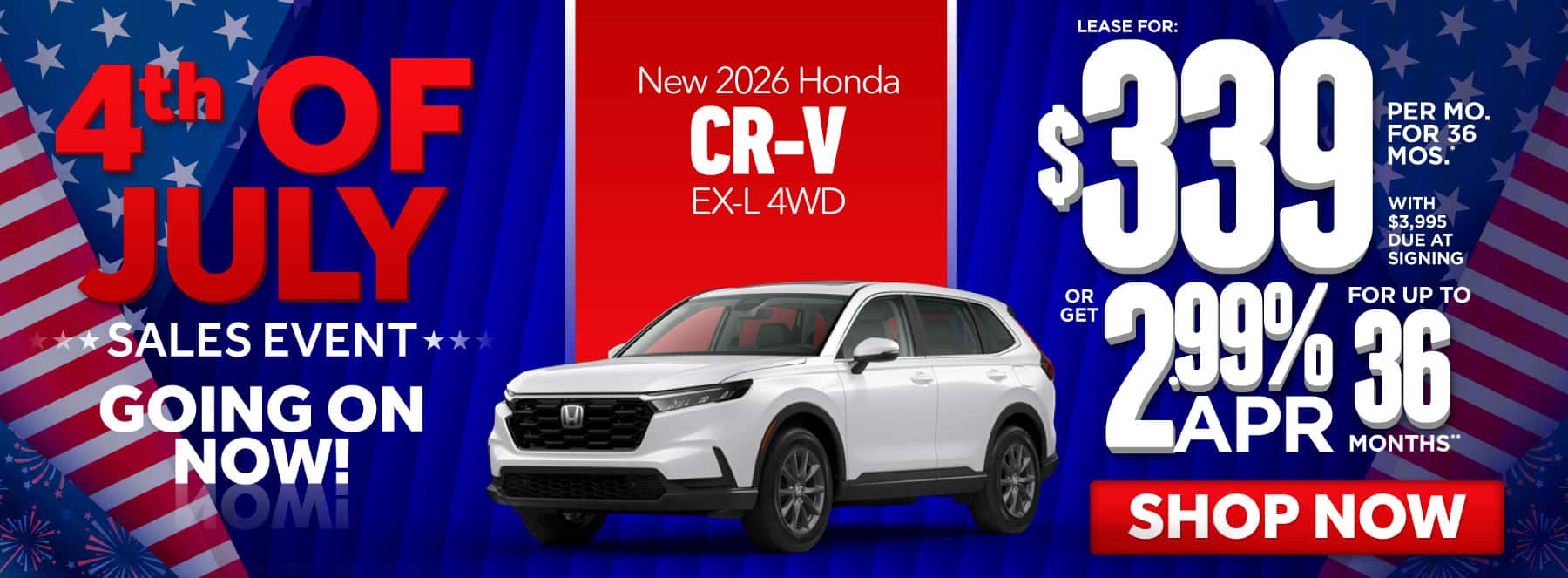 2026 Honda CR-V EX-L 4WD "Lease for $339 a month for 36 Months* with $3,995 due at signing Or get 2.99% APR financing for up to 36 Months**"