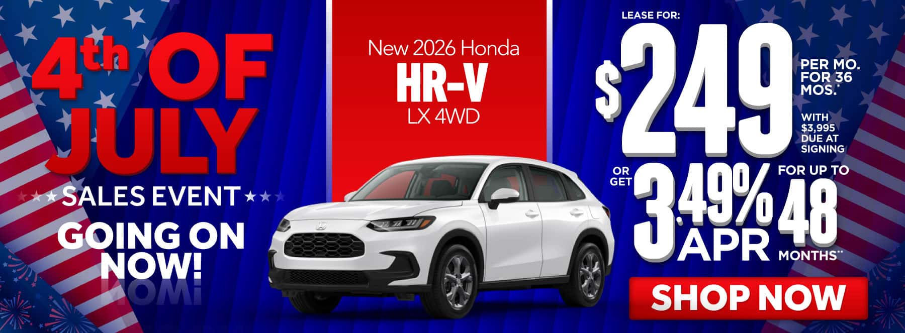 2026 Honda HR-V LX 4WD "Lease for $249 a month for 36 Months* with $3,995 due at signing Or get 3.49% APR financing for up to 48 Months**"
