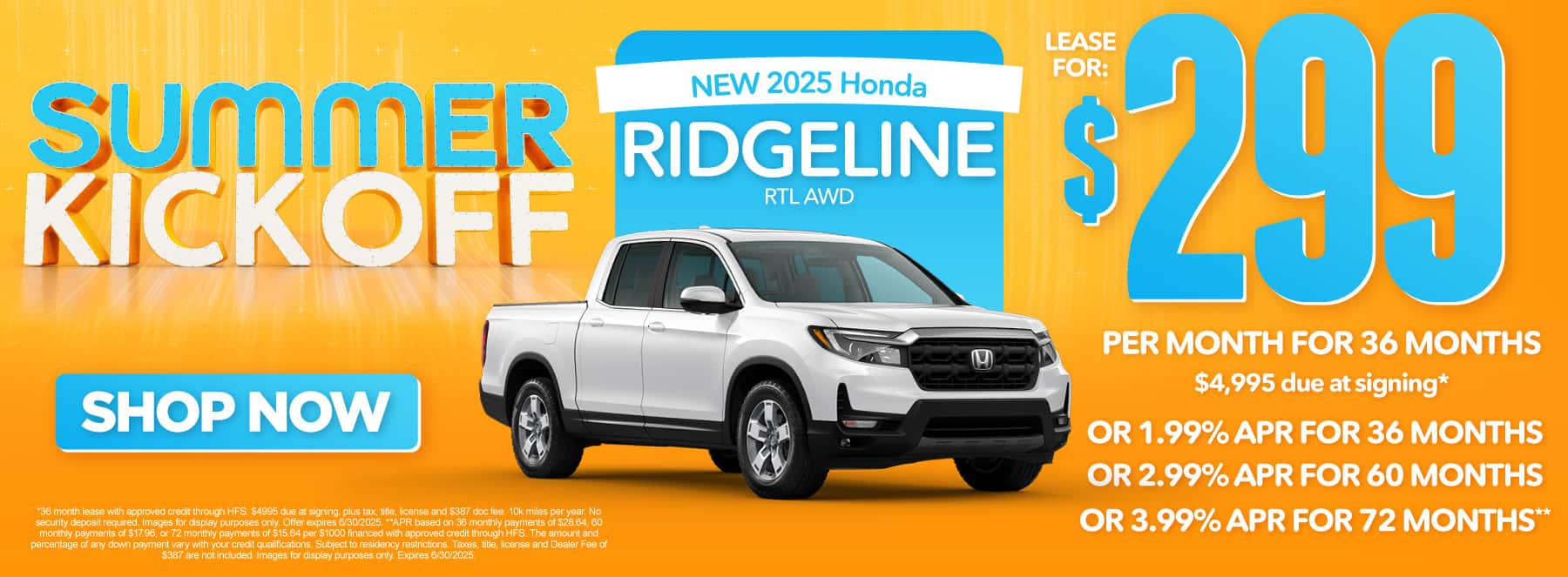 New 2025 Honda Ridgeline RTL AWD-$299 per month lease for 36 months, $4995 due at signing* Or 1.99% APR for 36 months / 2.99% APR for 60 months / 3.99% APR for 72 months**