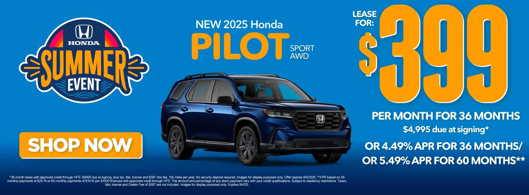 New 2025 Honda Pilot Sport AWD-$399 per month lease for 36 months, $4995 due at signing* Or 4.49% APR for 36 months / 5.49% APR for 60 months**