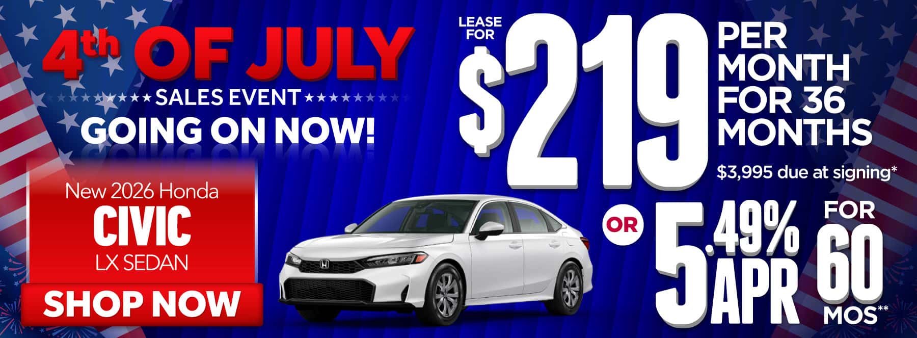 New 2026 Honda Civic LX Sedan-$219 per month lease for 36 months, $3995 due at signing* Or 5.49% APR for 60 months**