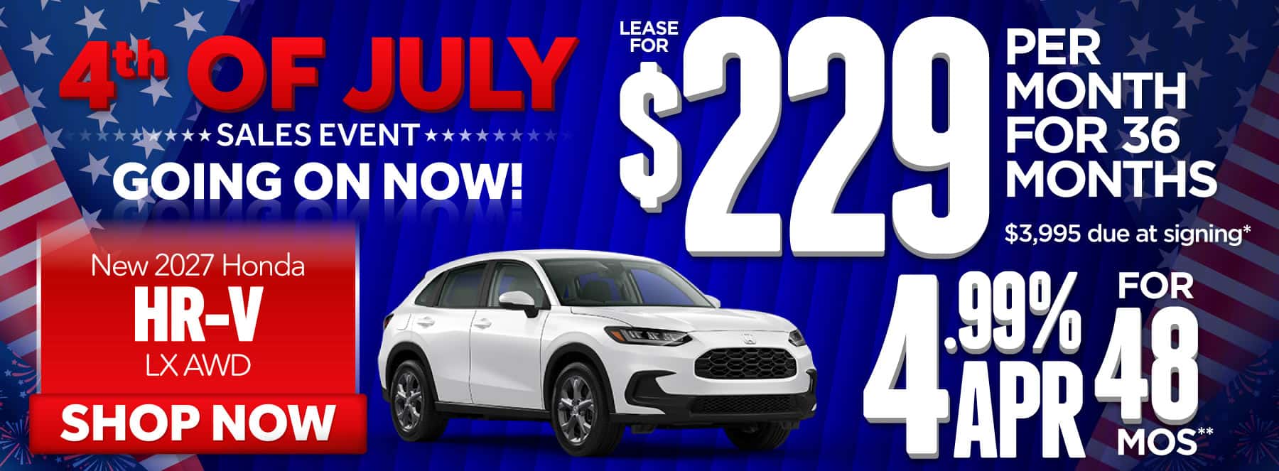 New 2027 Honda HRV LX AWD-$229 per month lease for 36 months, $3995 due at signing* 4.99% APR for 48 months**
