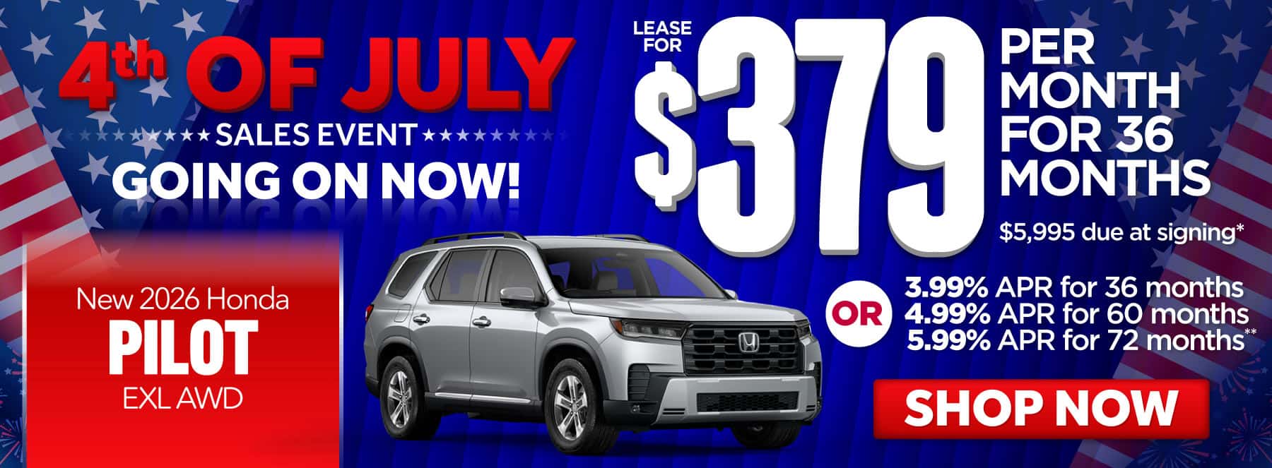 New 2026 Honda Pilot EXL AWD -$379 per month lease for 36 months, $5995 due at signing* Or 3.99% APR for 36 months / 4.99% APR for 60 months/ 5.99% APR for 72 months**