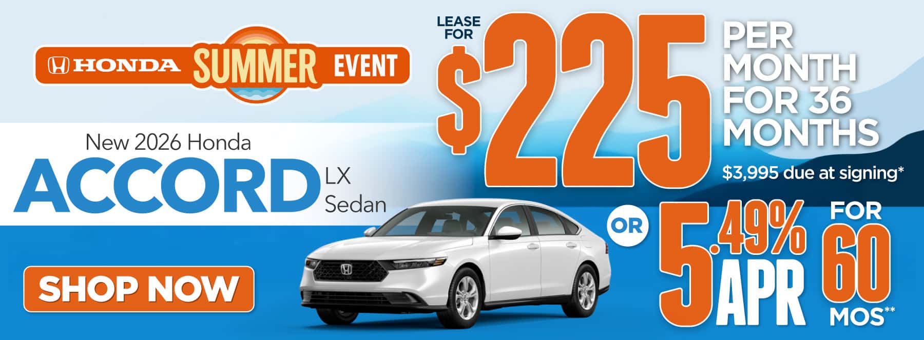 New 2026 Honda Accord LX Sedan-$225 per month lease for 36 months, $3995 due at signing* Or 5.49% APR for 60 months**