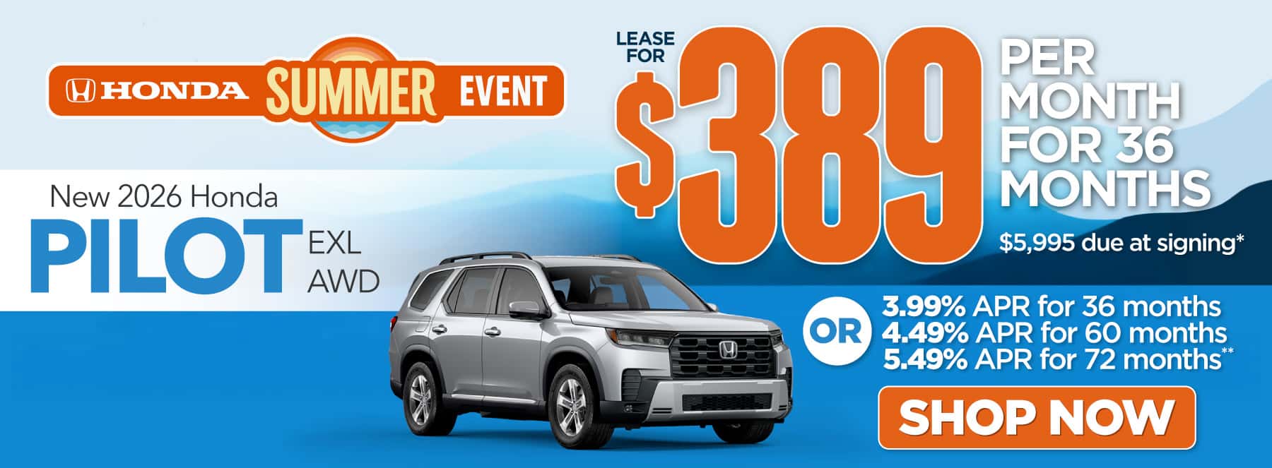 New 2026 Honda Pilot EXL AWD -$389 per month lease for 36 months, $5995 due at signing* Or 3.99% APR for 36 months / 4.49% APR for 60 months/ 5.49% APR for 72 months**