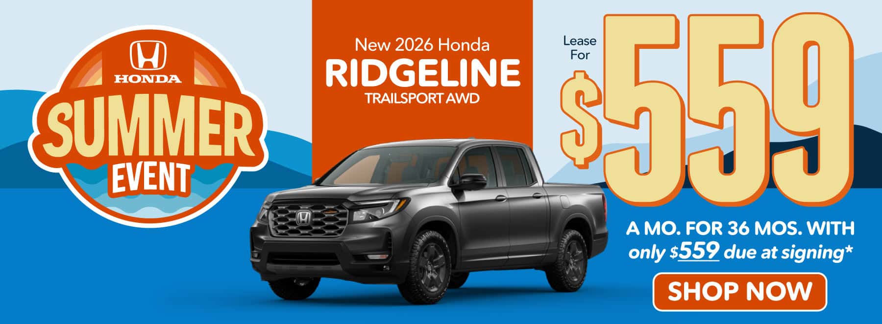 2026 Honda Ridgeline TrailSport AWD Lease for $559 a month for 36 Months with Only $559 due at signing*
